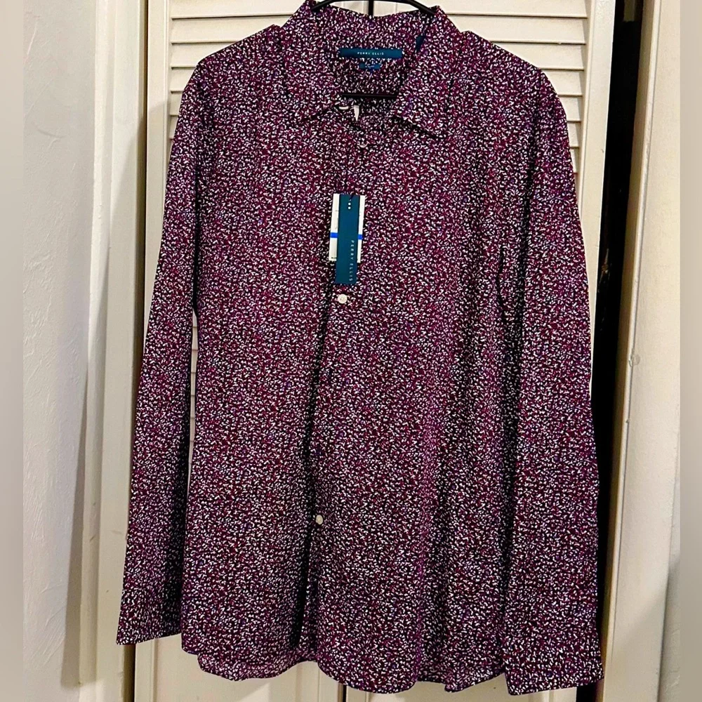 NWT - Perry Ellis Men”s Long Sleeve, Red & Gray Slim Fit Button Down - Picture 2 of 7